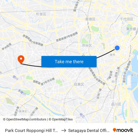 Park Court Roppongi Hill Top to Setagaya Dental Office map