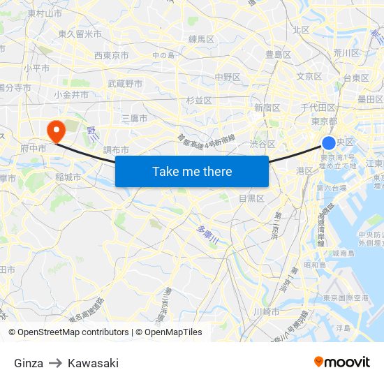 Ginza to Kawasaki map