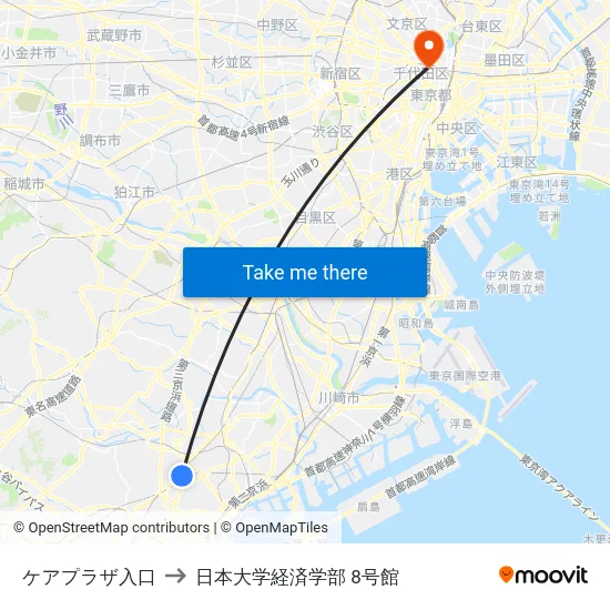 ケアプラザ入口 to 日本大学経済学部 8号館 map