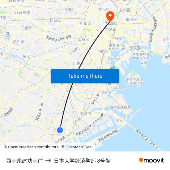 西寺尾建功寺前 to 日本大学経済学部 8号館 map