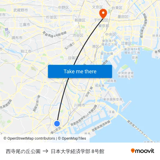 西寺尾の丘公園 to 日本大学経済学部 8号館 map