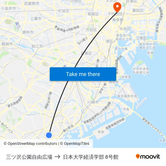三ツ沢公園自由広場 to 日本大学経済学部 8号館 map