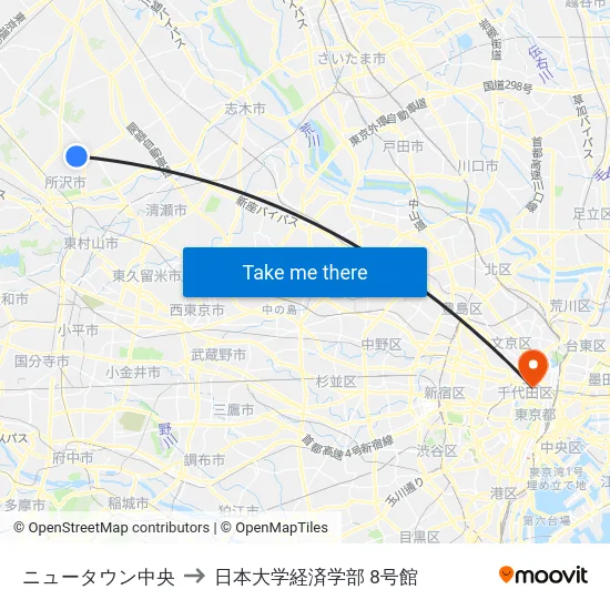 ニュータウン中央 to 日本大学経済学部 8号館 map