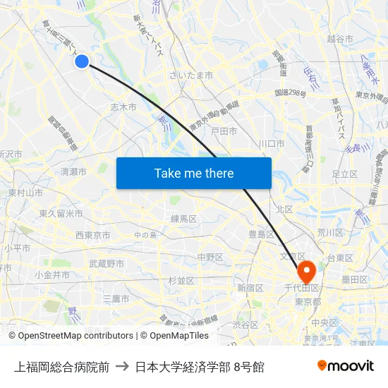 上福岡総合病院前 to 日本大学経済学部 8号館 map
