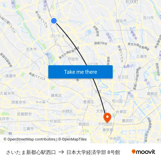 さいたま新都心駅西口 to 日本大学経済学部 8号館 map