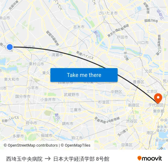 西埼玉中央病院 to 日本大学経済学部 8号館 map