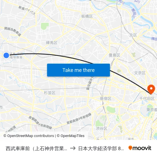 西武車庫前（上石神井営業所） to 日本大学経済学部 8号館 map
