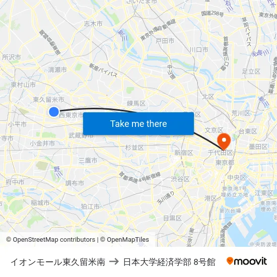 イオンモール東久留米南 to 日本大学経済学部 8号館 map