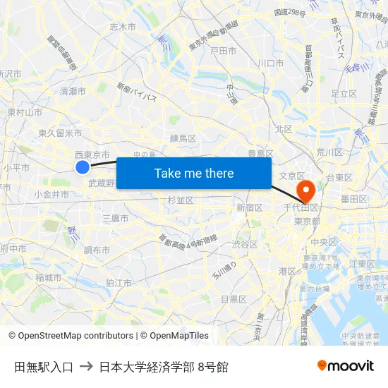 田無駅入口 to 日本大学経済学部 8号館 map