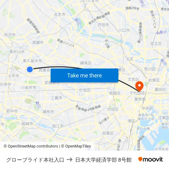 グローブライド本社入口 to 日本大学経済学部 8号館 map