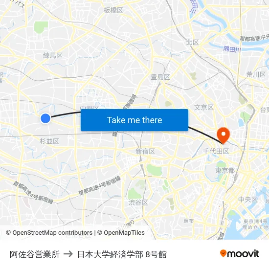 阿佐谷営業所 to 日本大学経済学部 8号館 map