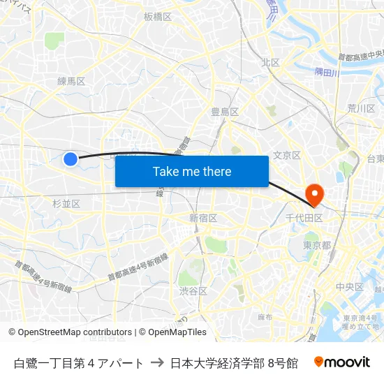 白鷺一丁目第４アパート to 日本大学経済学部 8号館 map