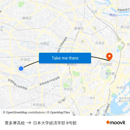 豊多摩高校 to 日本大学経済学部 8号館 map