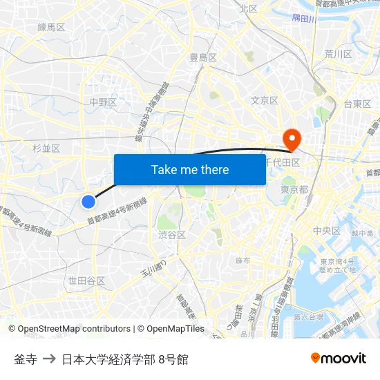 釜寺 to 日本大学経済学部 8号館 map