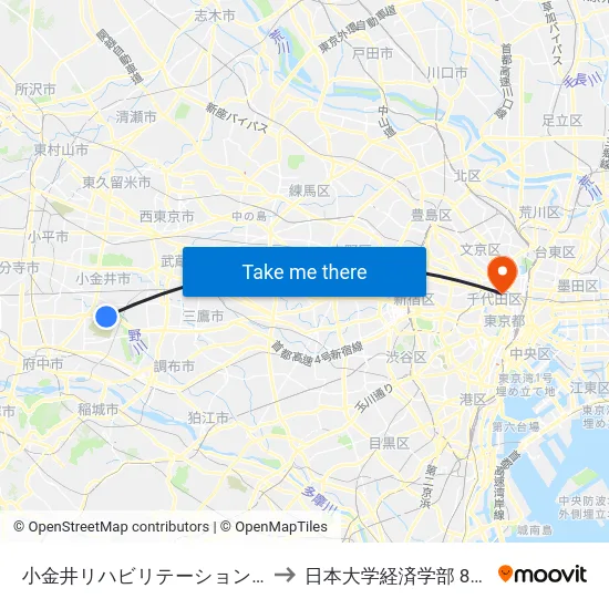 小金井リハビリテーション病院 to 日本大学経済学部 8号館 map