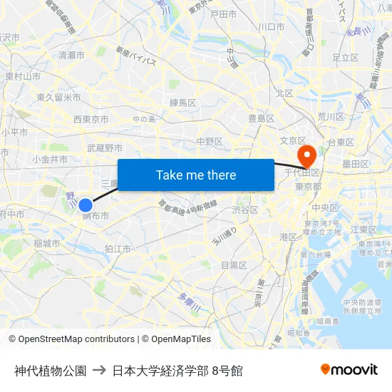 神代植物公園 to 日本大学経済学部 8号館 map