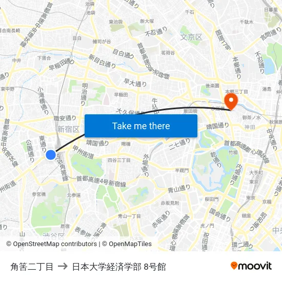 角筈二丁目 to 日本大学経済学部 8号館 map