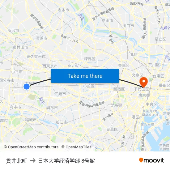 貫井北町 to 日本大学経済学部 8号館 map