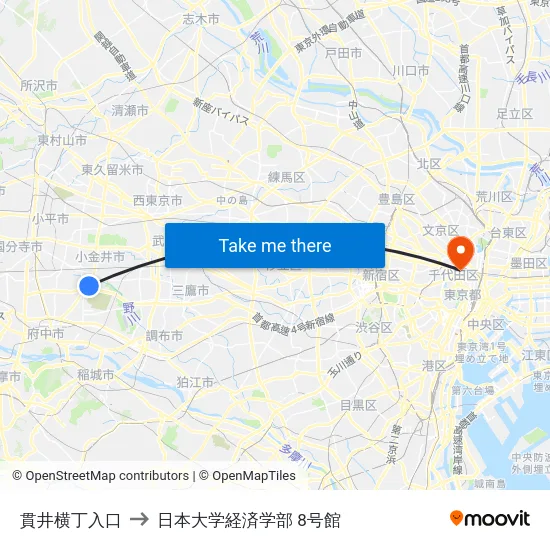 貫井横丁入口 to 日本大学経済学部 8号館 map