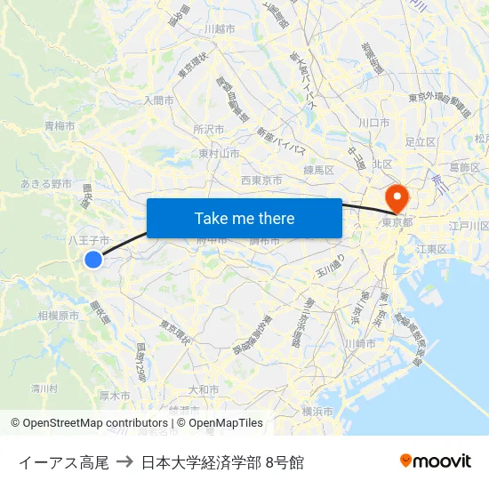イーアス高尾 to 日本大学経済学部 8号館 map