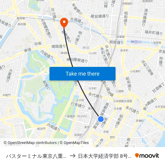 バスターミナル東京八重洲 to 日本大学経済学部 8号館 map