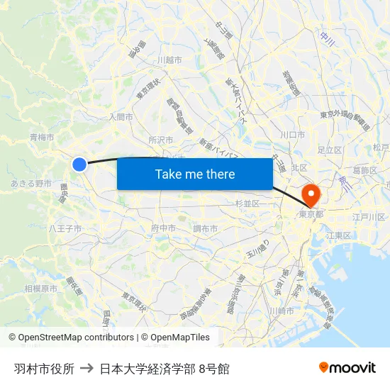 羽村市役所 to 日本大学経済学部 8号館 map