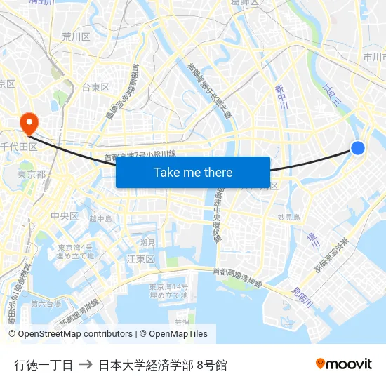 行徳一丁目 to 日本大学経済学部 8号館 map