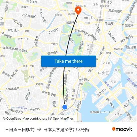 三田線三田駅前 to 日本大学経済学部 8号館 map