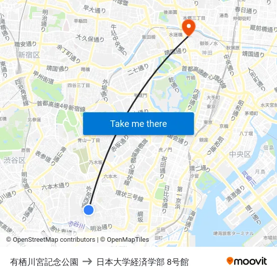 有栖川宮記念公園 to 日本大学経済学部 8号館 map