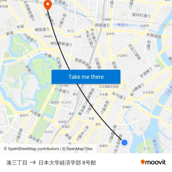 湊三丁目 to 日本大学経済学部 8号館 map