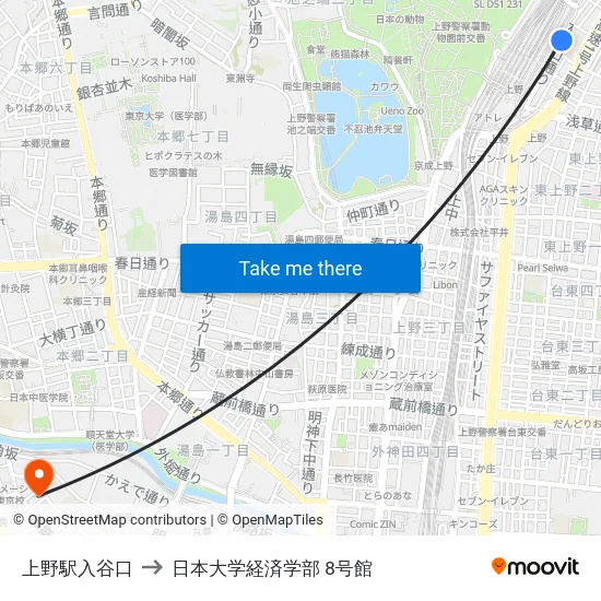 上野駅入谷口 to 日本大学経済学部 8号館 map