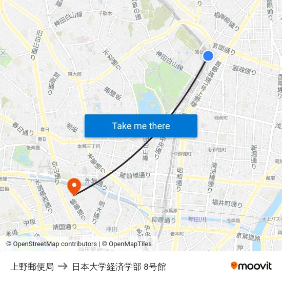 上野郵便局 to 日本大学経済学部 8号館 map