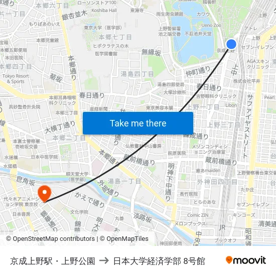 京成上野駅・上野公園 to 日本大学経済学部 8号館 map
