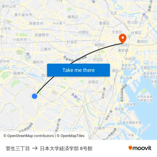 菅生三丁目 to 日本大学経済学部 8号館 map