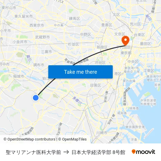 聖マリアンナ医科大学前 to 日本大学経済学部 8号館 map