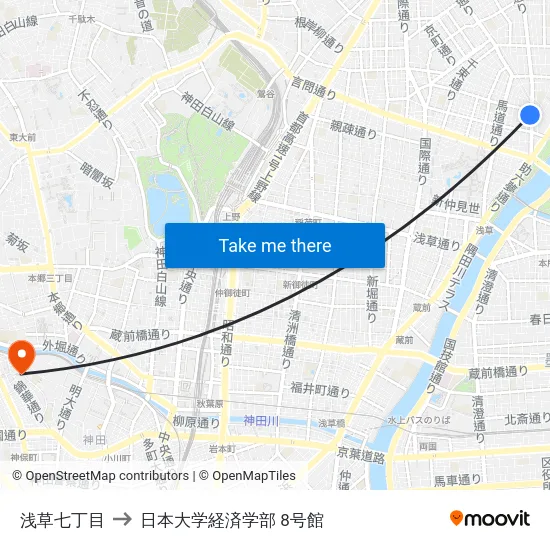 浅草七丁目 to 日本大学経済学部 8号館 map