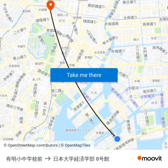 有明小中学校前 to 日本大学経済学部 8号館 map