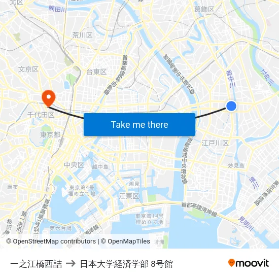 一之江橋西詰 to 日本大学経済学部 8号館 map