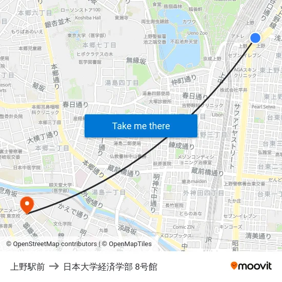 上野駅前 to 日本大学経済学部 8号館 map