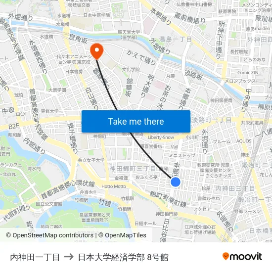 内神田一丁目 to 日本大学経済学部 8号館 map