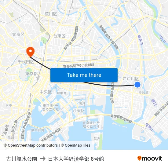 古川親水公園 to 日本大学経済学部 8号館 map