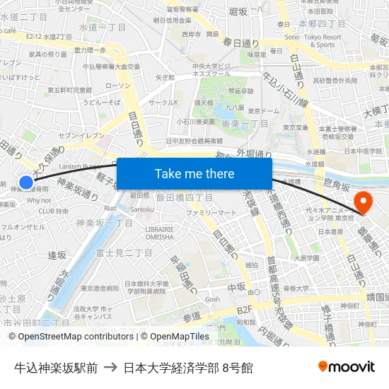 牛込神楽坂駅前 to 日本大学経済学部 8号館 map