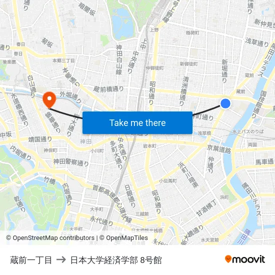 蔵前一丁目 to 日本大学経済学部 8号館 map