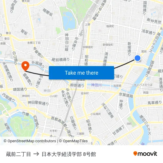 蔵前二丁目 to 日本大学経済学部 8号館 map