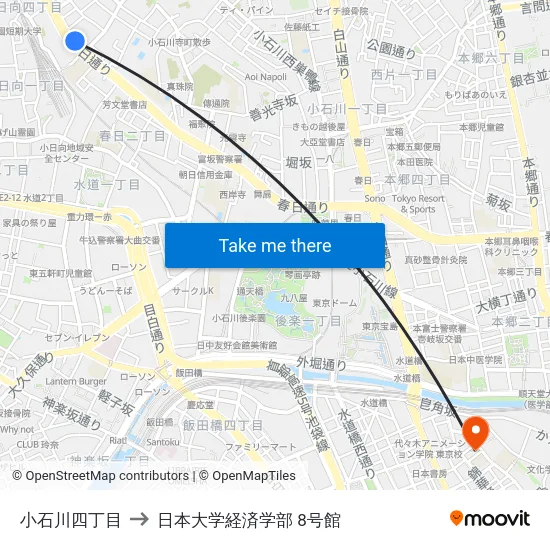 小石川四丁目 to 日本大学経済学部 8号館 map