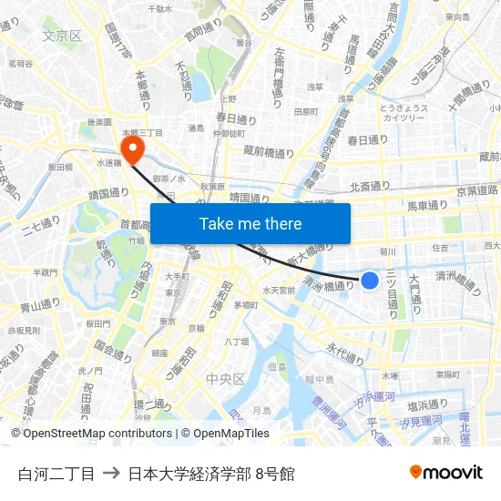 白河二丁目 to 日本大学経済学部 8号館 map