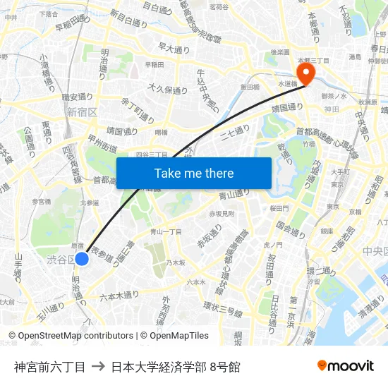 神宮前六丁目 to 日本大学経済学部 8号館 map