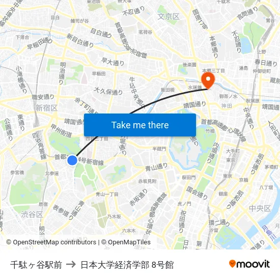 千駄ヶ谷駅前 to 日本大学経済学部 8号館 map