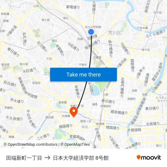 田端新町一丁目 to 日本大学経済学部 8号館 map
