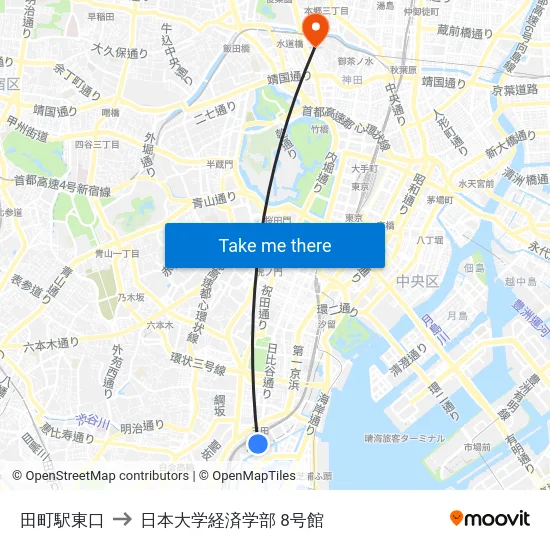 田町駅東口 to 日本大学経済学部 8号館 map
